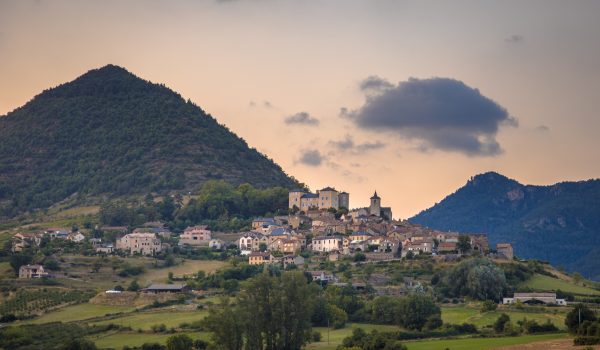Hilltop Village in Cevennes valley landscape