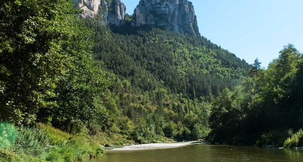 Panoramic view of a river mountain in France, Le Rozier. River Sur-Tarn